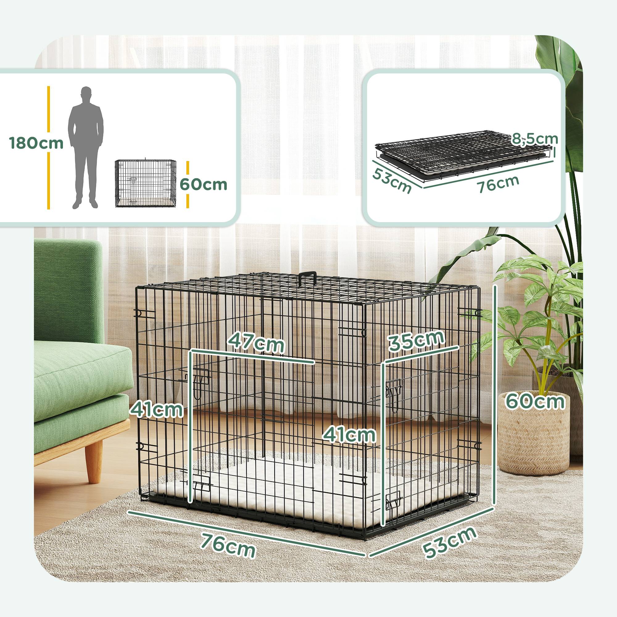Sans Marque - Cage pour chien cage de transport pour chien pliable avec 2 portes plateau amovible coussin lavable 75x48,5x53cm noir - Image 5