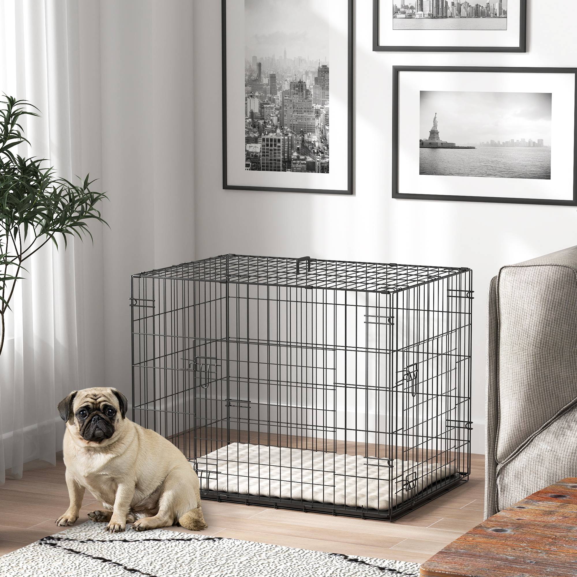 Sans Marque - Cage pour chien cage de transport pour chien pliable avec 2 portes plateau amovible coussin lavable 75x48,5x53cm noir - Image 4