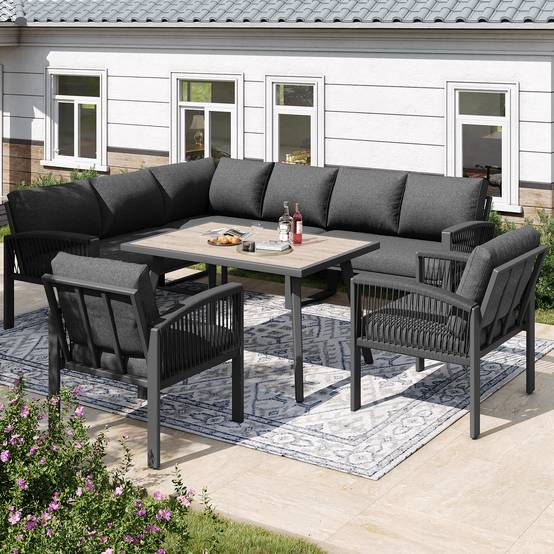 Mobilier de jardin avec finition bois, comprenant des coussins d'assise et des coussins de dossier, gris - Image 1