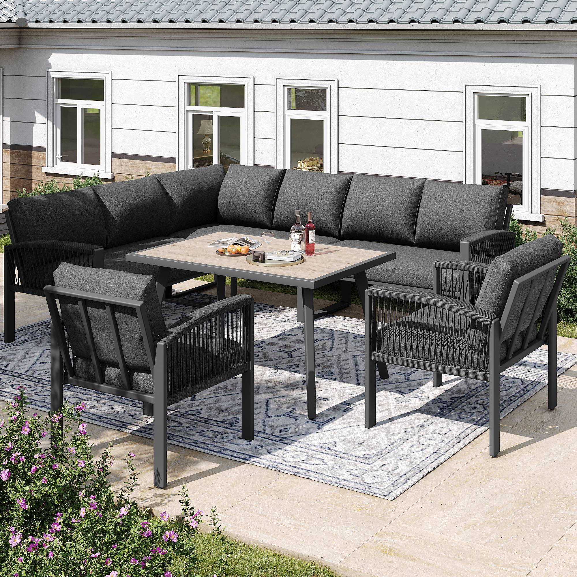 Mobilier de jardin avec finition bois, comprenant des coussins d'assise et des coussins de dossier, gris - Image 1