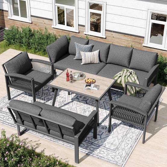Mobilier de jardin avec finition bois, comprenant des coussins d'assise et des coussins de dossier, gris - Image 2