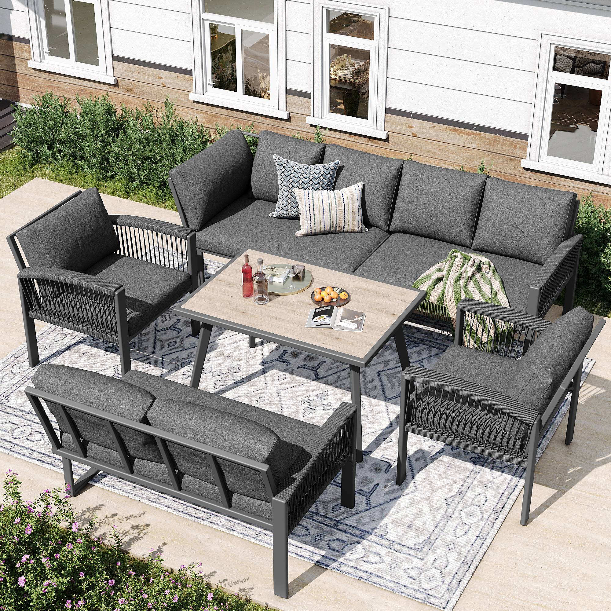 Mobilier de jardin avec finition bois, comprenant des coussins d'assise et des coussins de dossier, gris - Image 2