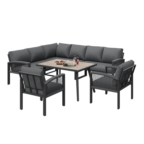 Mobilier de jardin avec finition bois, comprenant des coussins d'assise et des coussins de dossier, gris - Image 5