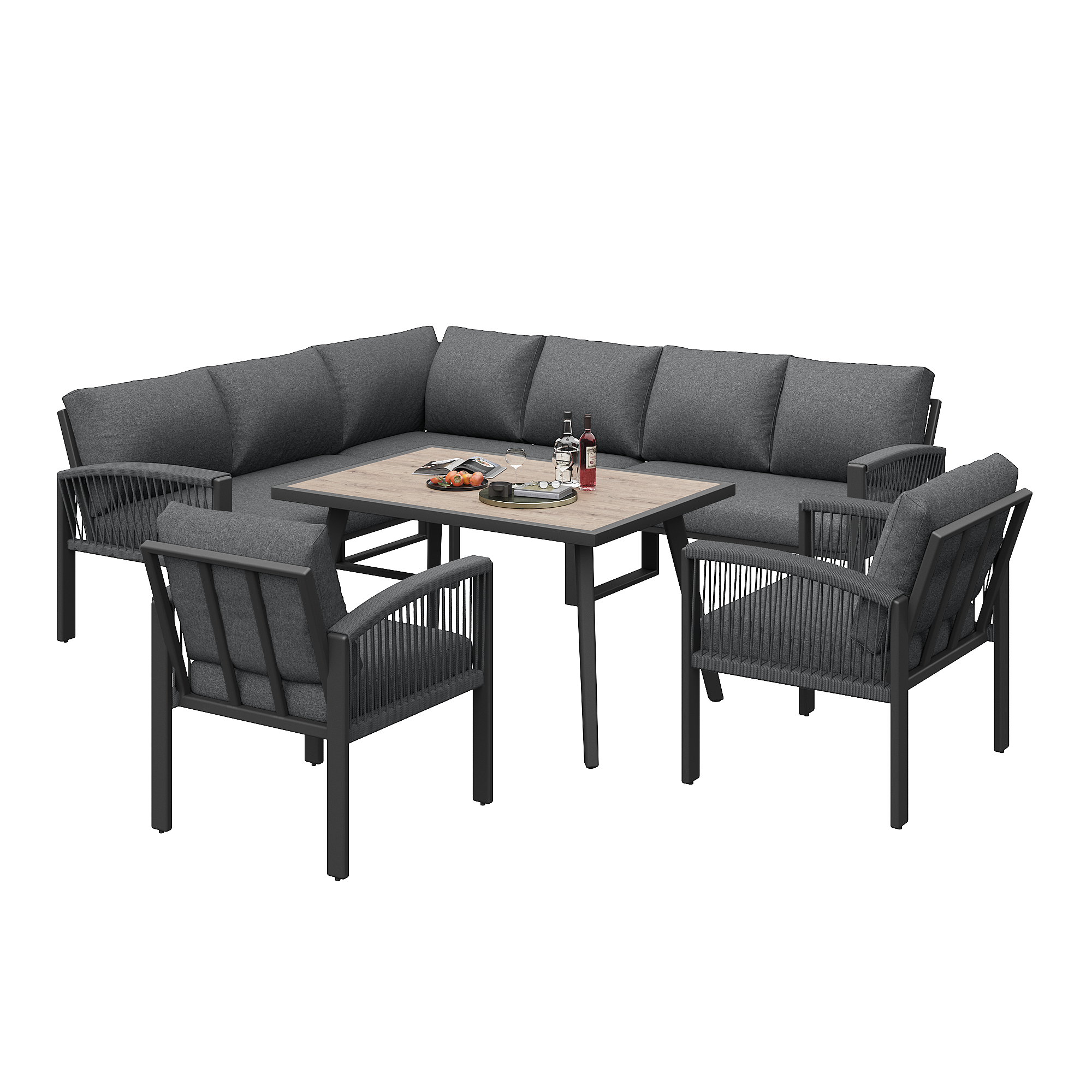 Mobilier de jardin avec finition bois, comprenant des coussins d'assise et des coussins de dossier, gris - Image 5