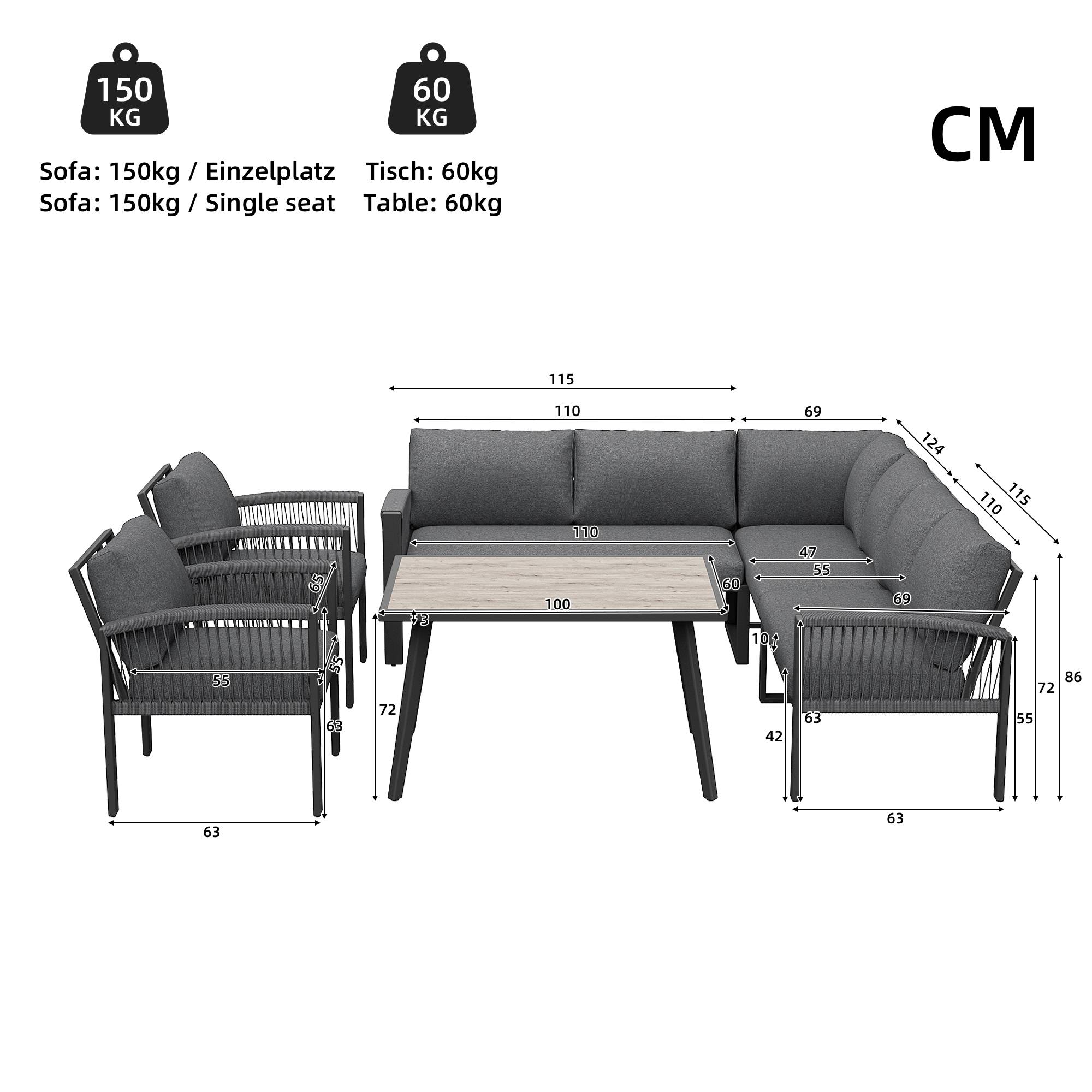 Mobilier de jardin avec finition bois, comprenant des coussins d'assise et des coussins de dossier, gris - Image 4