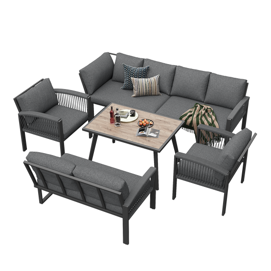 Mobilier de jardin avec finition bois, comprenant des coussins d'assise et des coussins de dossier, gris - Image 6