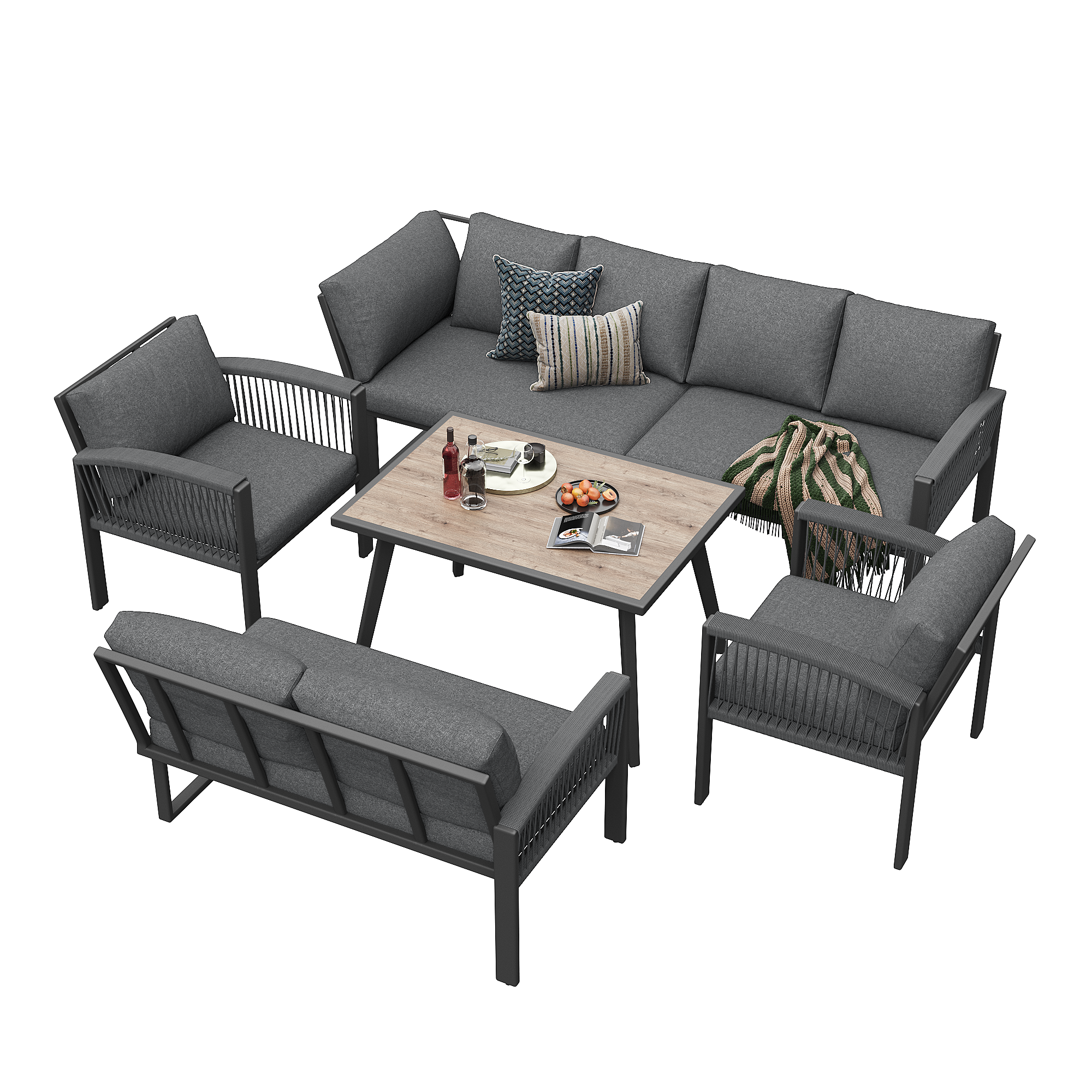 Mobilier de jardin avec finition bois, comprenant des coussins d'assise et des coussins de dossier, gris - Image 6