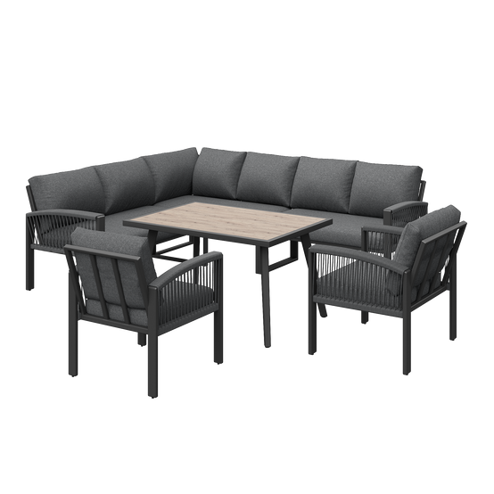 Mobilier de jardin avec finition bois, comprenant des coussins d'assise et des coussins de dossier, gris - Image 7