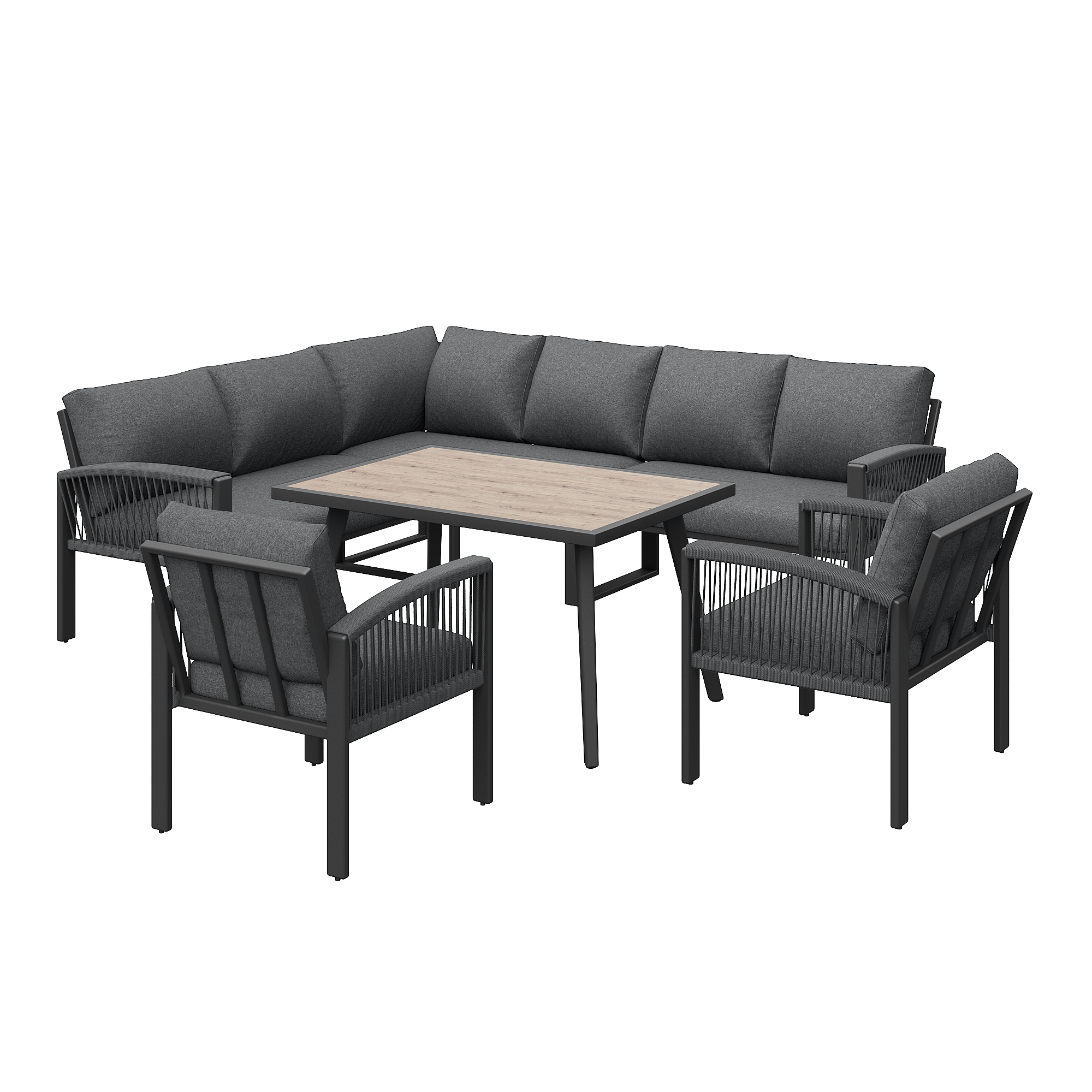 Mobilier de jardin avec finition bois, comprenant des coussins d'assise et des coussins de dossier, gris - Image 7