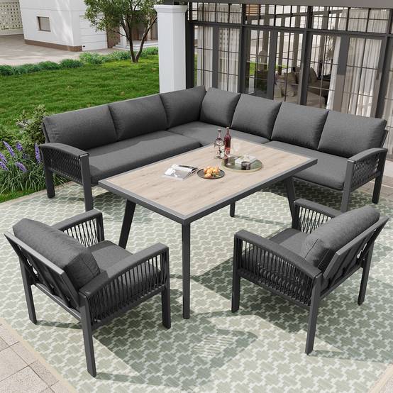 Mobilier de jardin avec finition bois, comprenant des coussins d'assise et des coussins de dossier, gris - Image 3