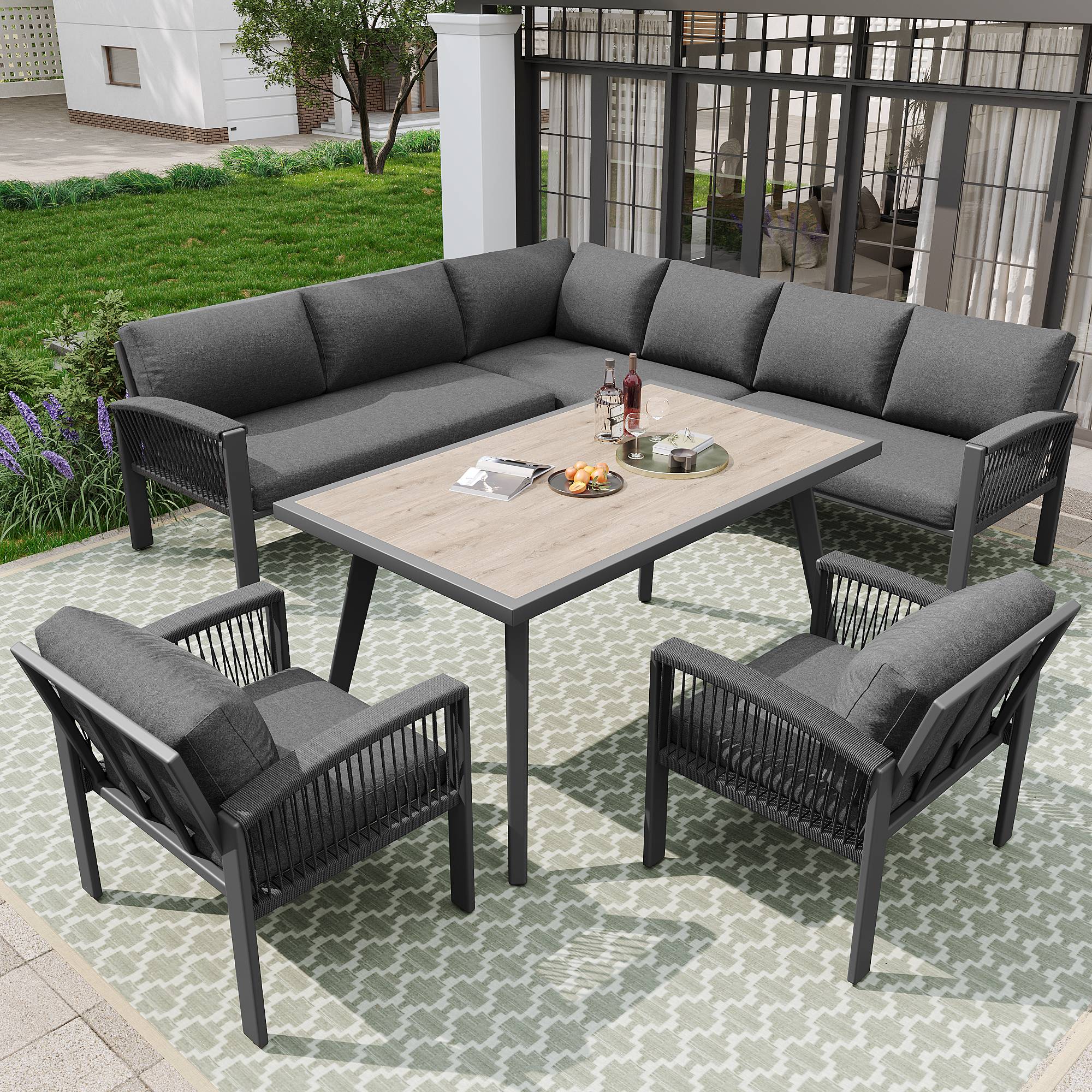 Mobilier de jardin avec finition bois, comprenant des coussins d'assise et des coussins de dossier, gris - Image 3