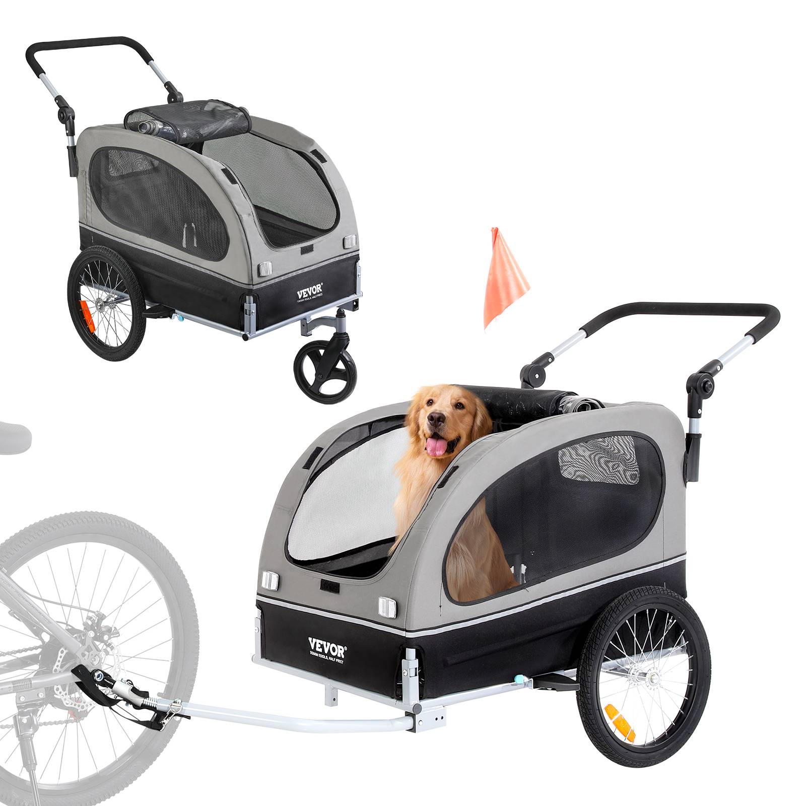Remorque vélo chien pliable, charge 40 kg. 2-en-1, coupleur universel, drapeau. Noir/gris. - Image 1