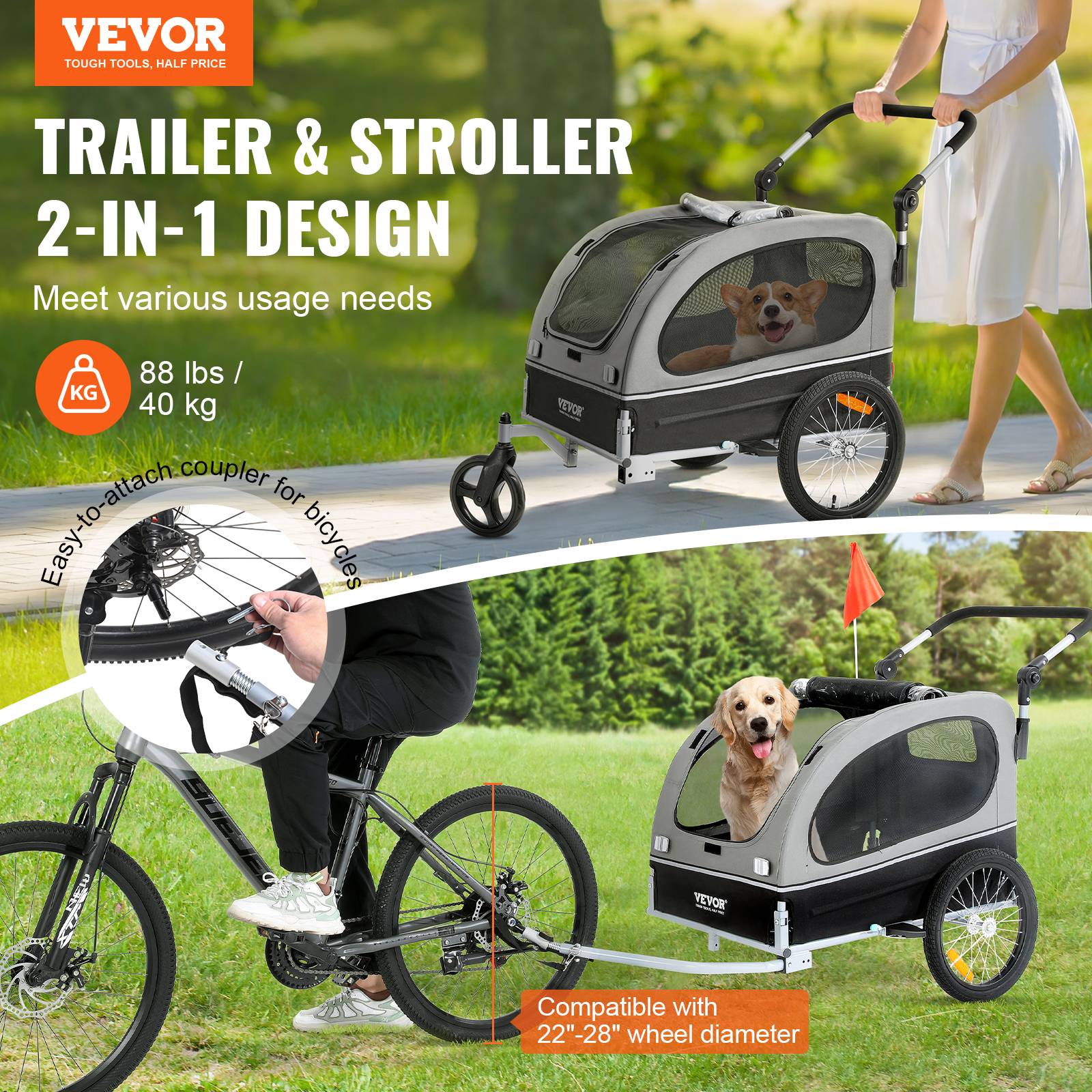 Remorque vélo chien pliable, charge 40 kg. 2-en-1, coupleur universel, drapeau. Noir/gris. - Image 2