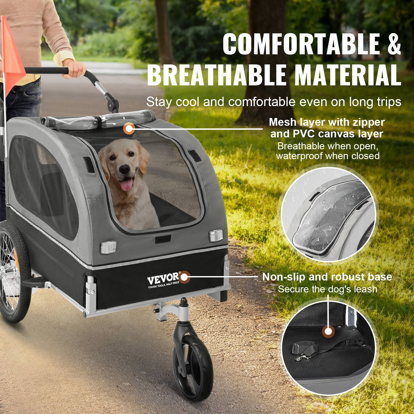 Remorque vélo chien pliable, charge 40 kg. 2-en-1, coupleur universel, drapeau. Noir/gris. - Image 4