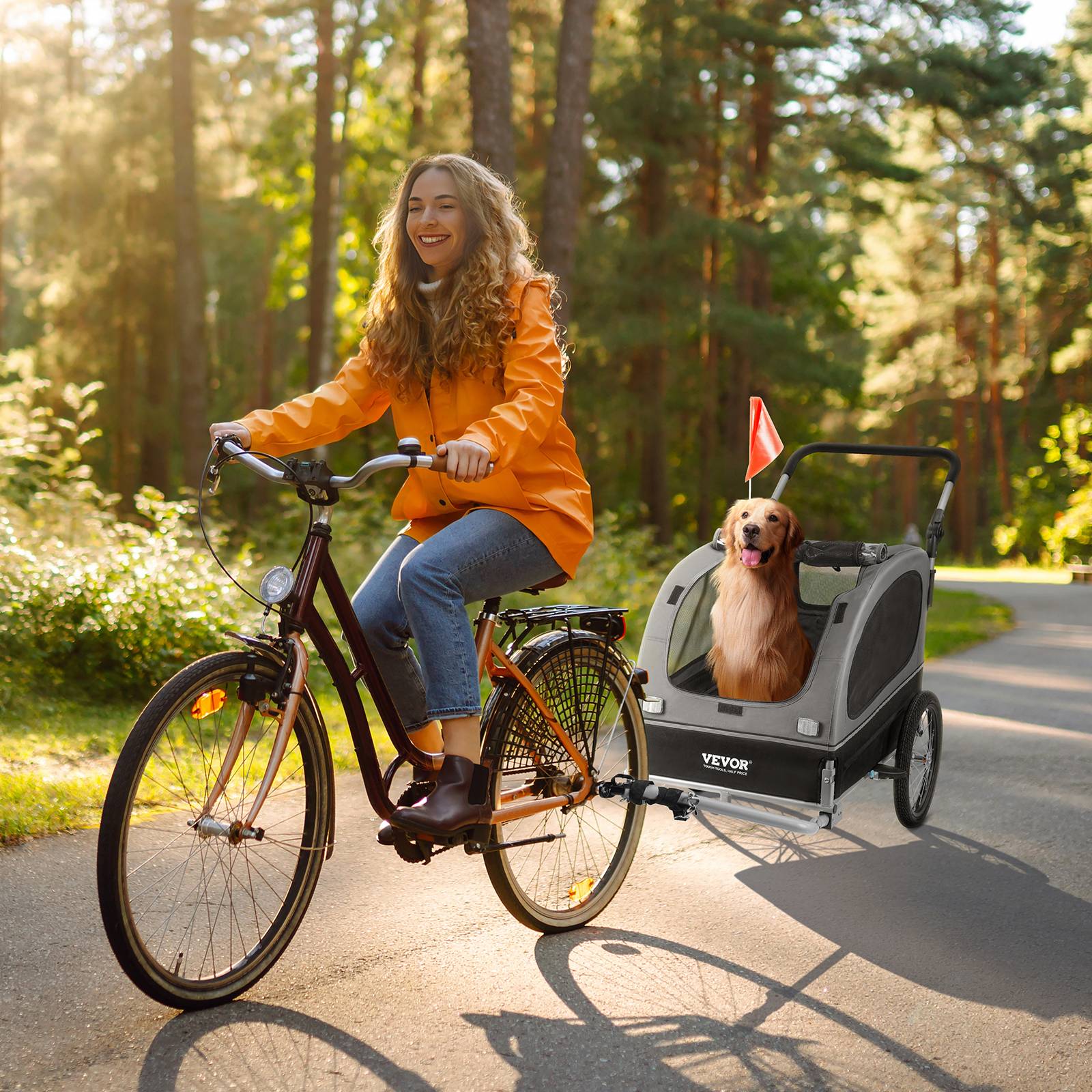 Remorque vélo chien pliable, charge 40 kg. 2-en-1, coupleur universel, drapeau. Noir/gris. - Image 8