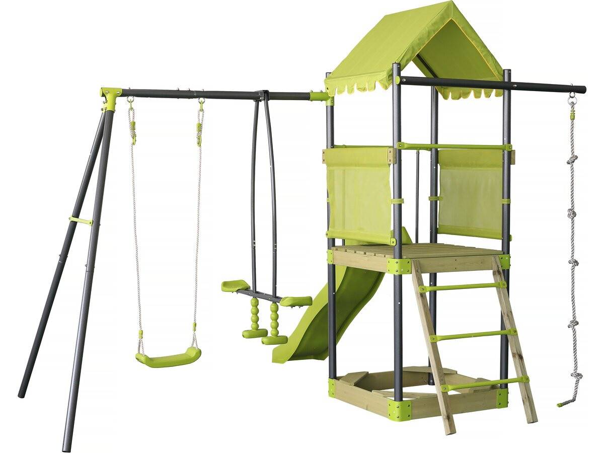 Aire De Jeu Portique En Métal Avec Toboggan Et Bac A Sable "sohane"  - Vert -habitat Et Jardin
