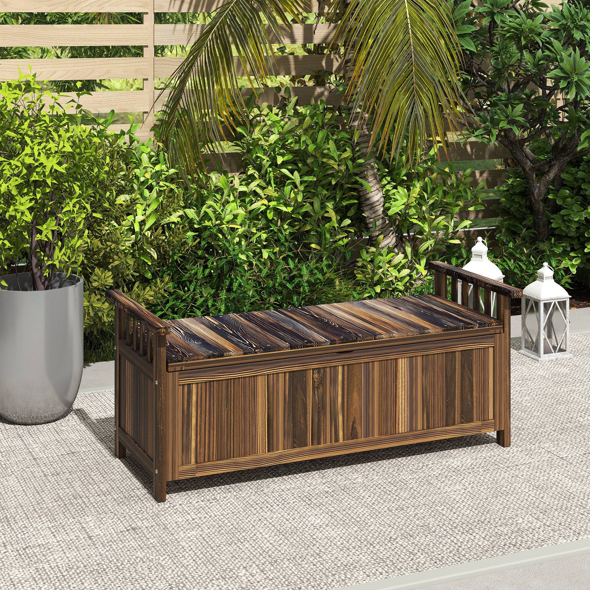 ComfortXL - Banc de jardin coffre 2 places bois de sapin brun brûlé 128,5 x 52 x 53,5 cm rangement 151 L extérieur - Image 9