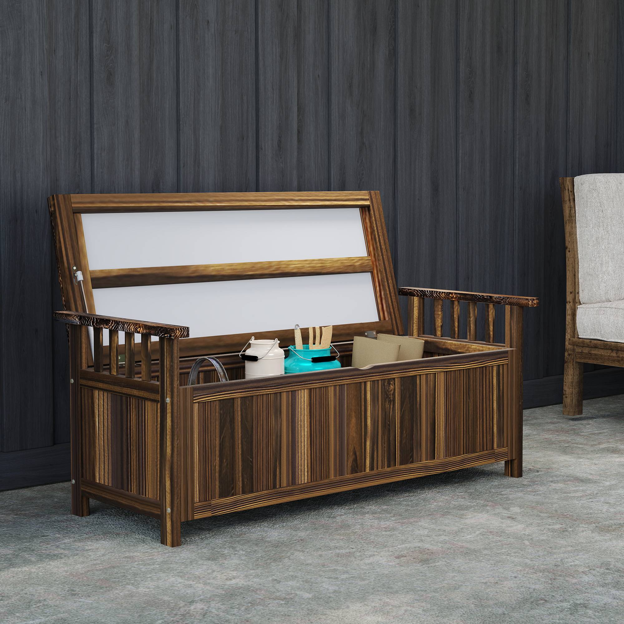 ComfortXL - Banc de jardin coffre 2 places bois de sapin brun brûlé 128,5 x 52 x 53,5 cm rangement 151 L extérieur - Image 8