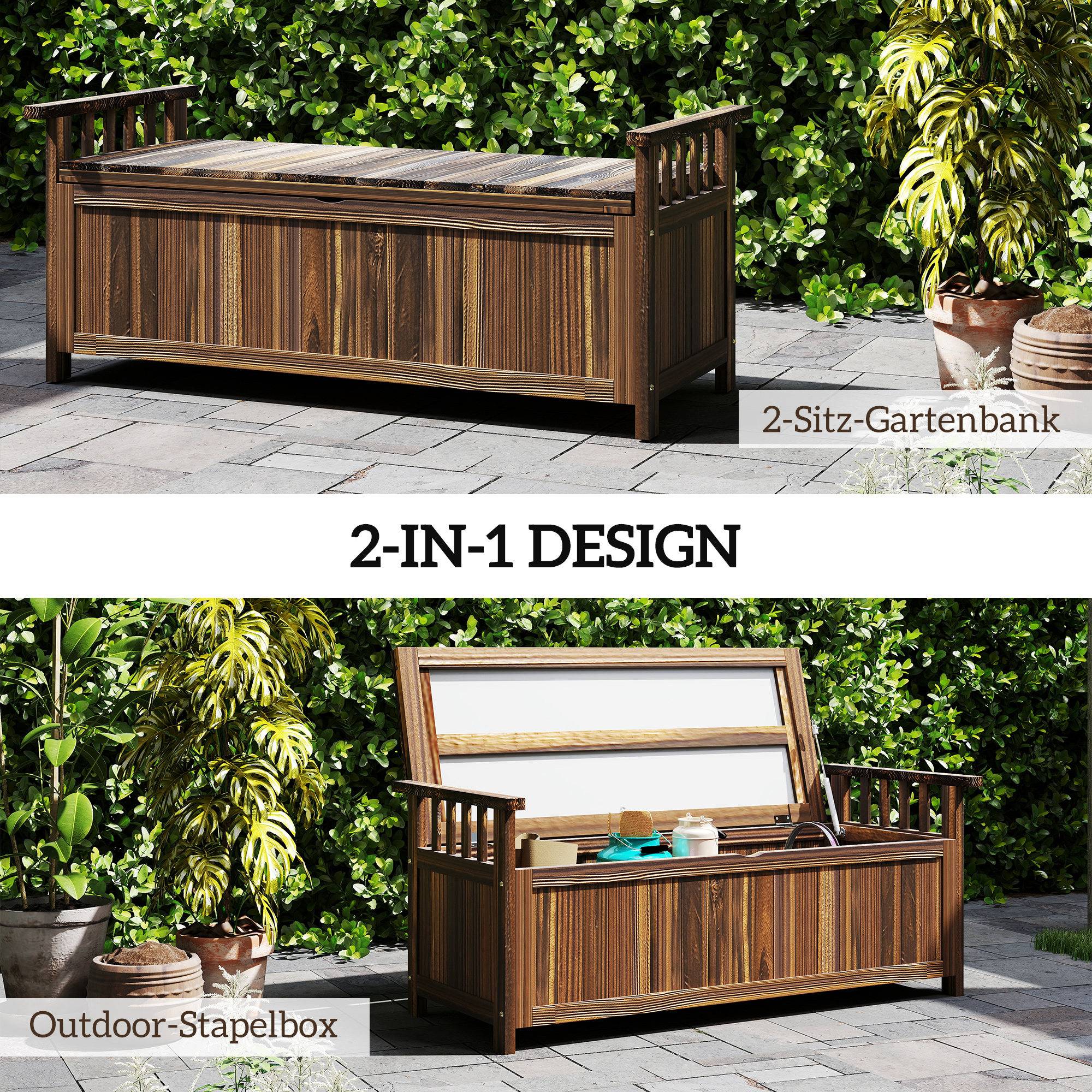 ComfortXL - Banc de jardin coffre 2 places bois de sapin brun brûlé 128,5 x 52 x 53,5 cm rangement 151 L extérieur - Image 4