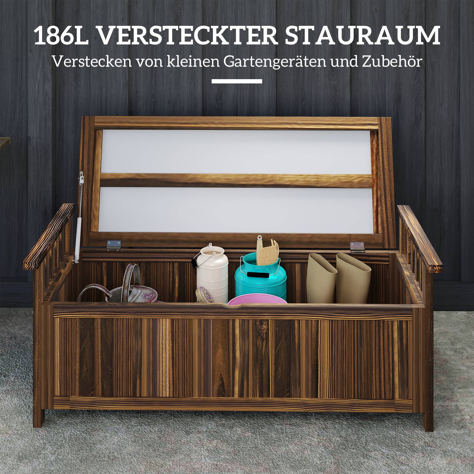 ComfortXL - Banc de jardin coffre 2 places bois de sapin brun brûlé 128,5 x 52 x 53,5 cm rangement 151 L extérieur - Image 5