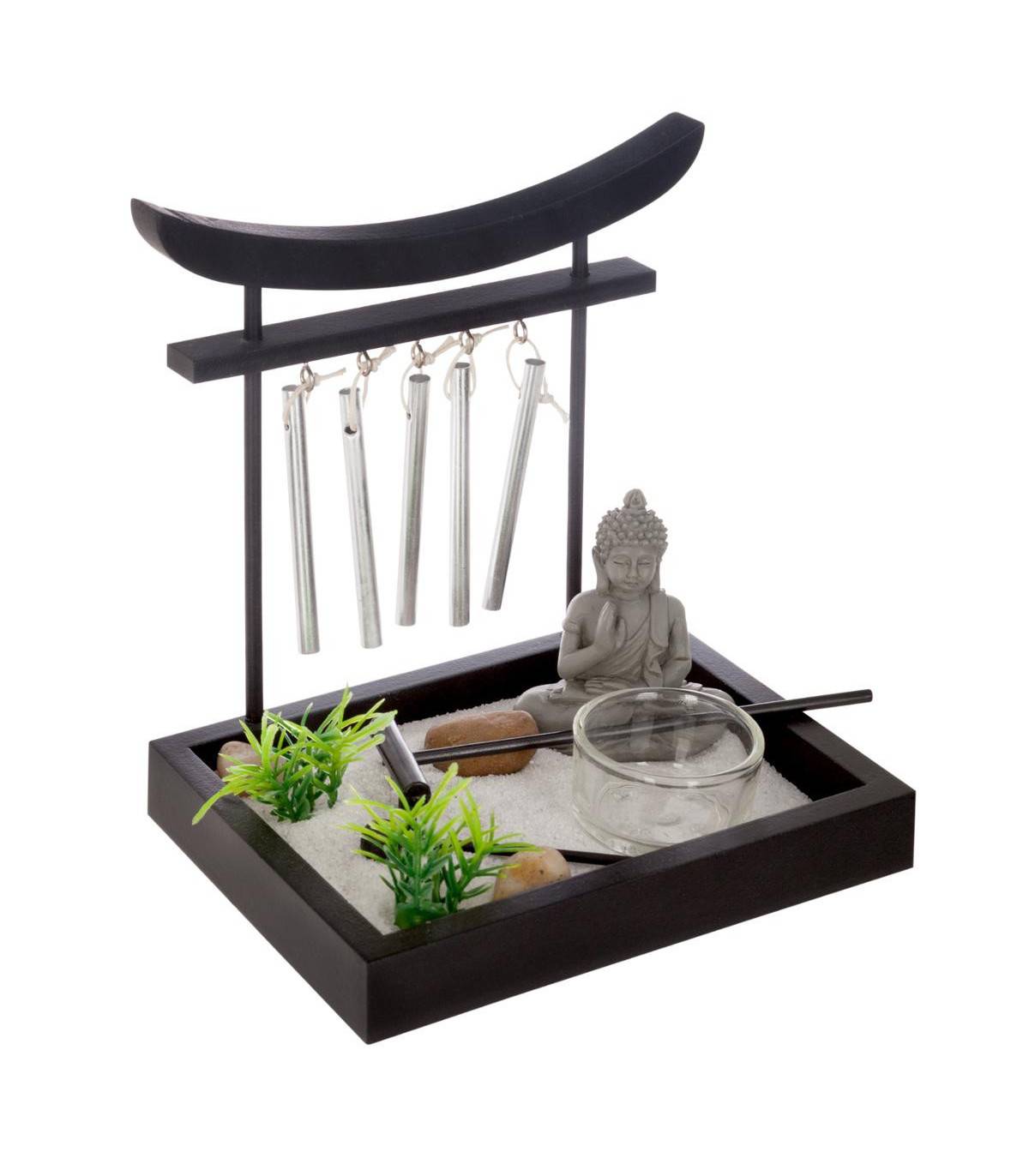 Jardin Zen Bouddha sur un plateau avec Grelots, Photophore et décoration - Image 1
