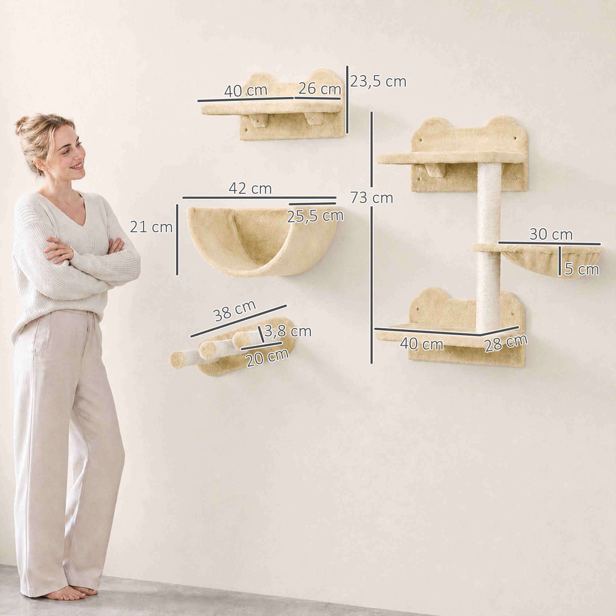 Set mur d'escalade pour chat, 4 pièces, échelle, hamac, plateforme, arbre à chat, beige - Image 5