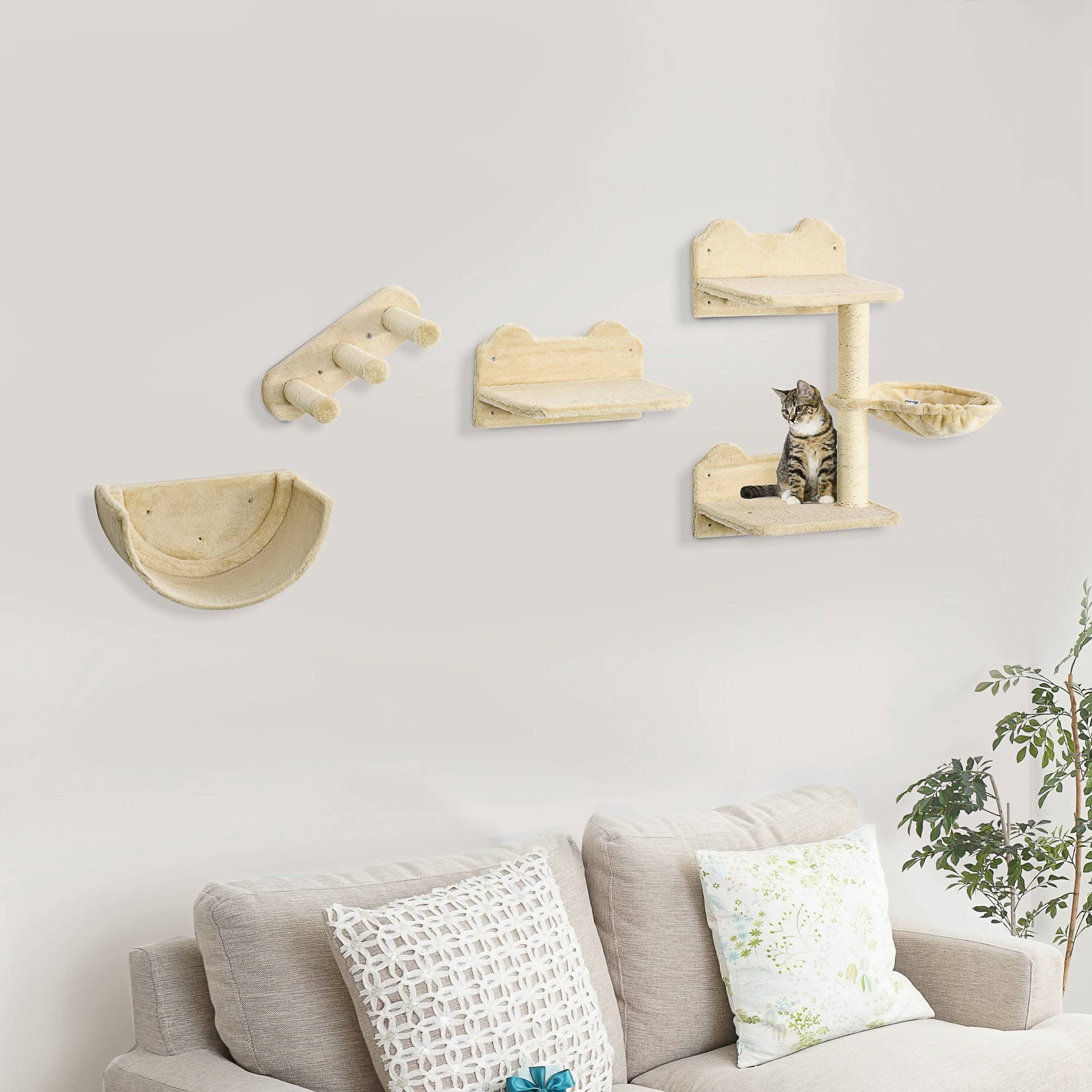 Set mur d'escalade pour chat, 4 pièces, échelle, hamac, plateforme, arbre à chat, beige - Image 4