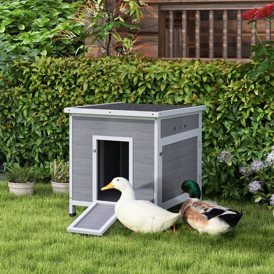 Abri Canards Poulailler Bois Sapin Toit Bitumé Ouvrant Nettoyage Facile Gris - ComfortXL Outdoor Living - Image 1