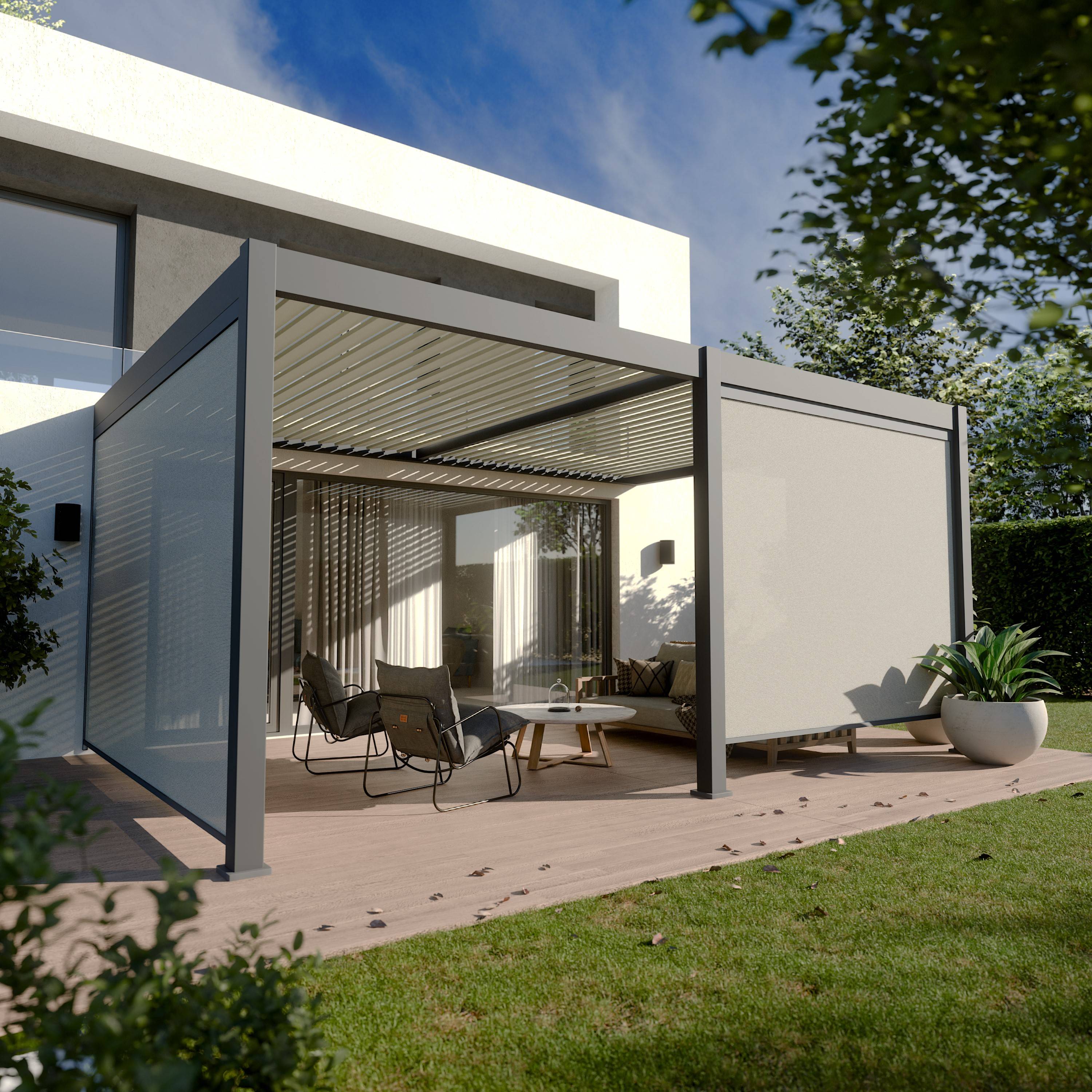 Pergola Bioclimatique Aluminium Adossée 19m² - 3,6x5,3 - Deux Stores Inclus - Anthracite - 34 lames en Aluminium a 120 degrés - Image 1