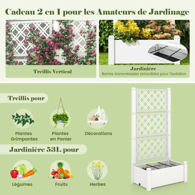 Helloshop26 - Jardinière avec treillis à 3 hauteurs à arrosage automatique lit de jardin surélevé avec indicateur de niveau d'eau blanc et gris - Image 3