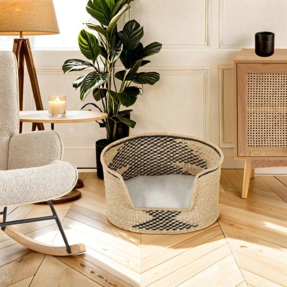 Panier ovale APOLLON pour chien et chat en jonc de mer coussin écru Beau Rivage - Image 2