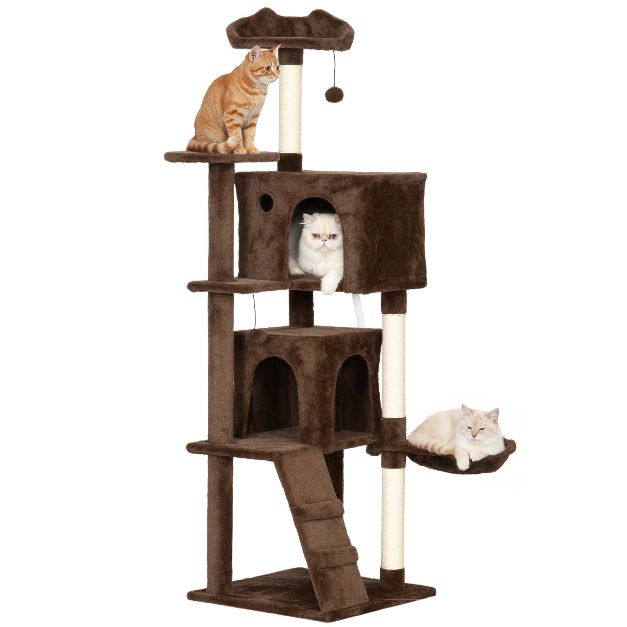 Arbre à chat à griffer 160 cm avec plateformes, lit, 2 niches, hamac, échelle, poteaux en sisal marron - Image 1