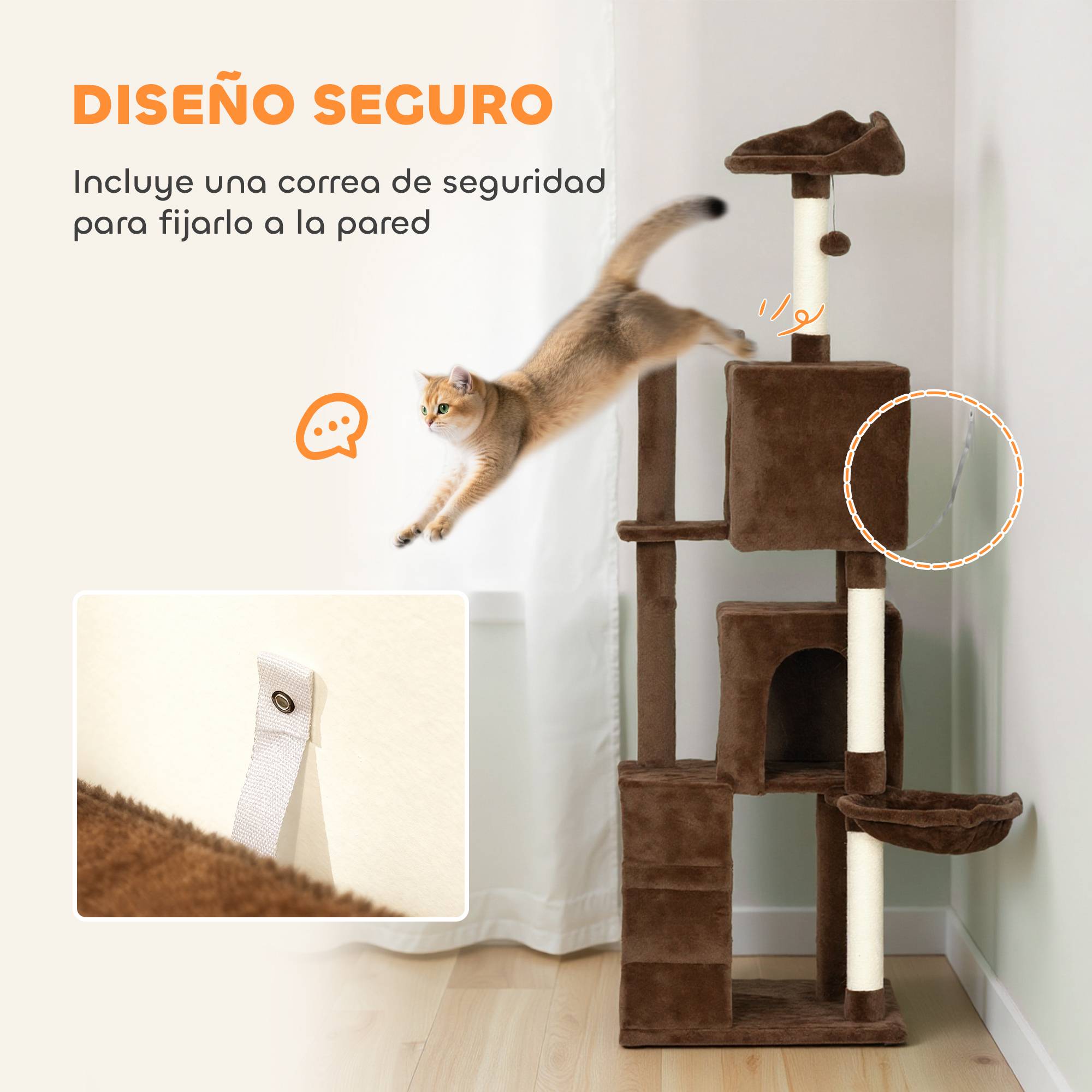 Arbre à chat à griffer 160 cm avec plateformes, lit, 2 niches, hamac, échelle, poteaux en sisal marron - Image 8