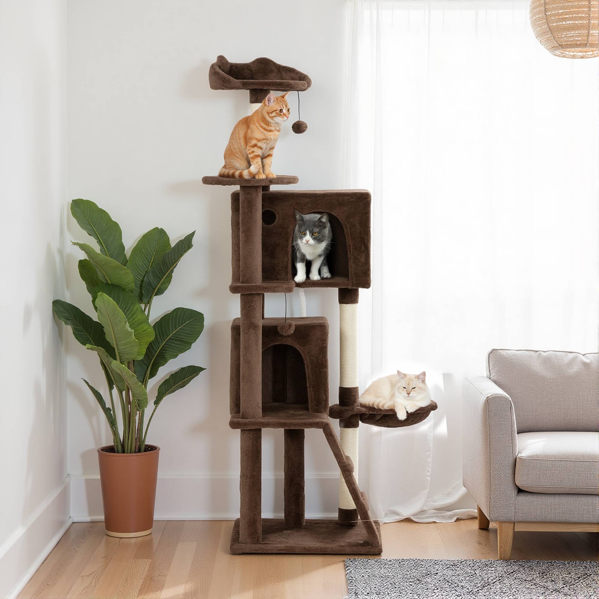 Arbre à chat à griffer 160 cm avec plateformes, lit, 2 niches, hamac, échelle, poteaux en sisal marron - Image 4
