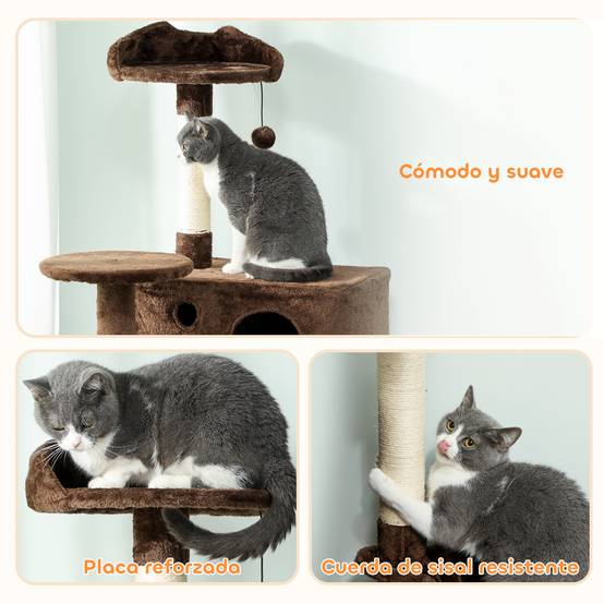 Arbre à chat à griffer 160 cm avec plateformes, lit, 2 niches, hamac, échelle, poteaux en sisal marron - Image 9