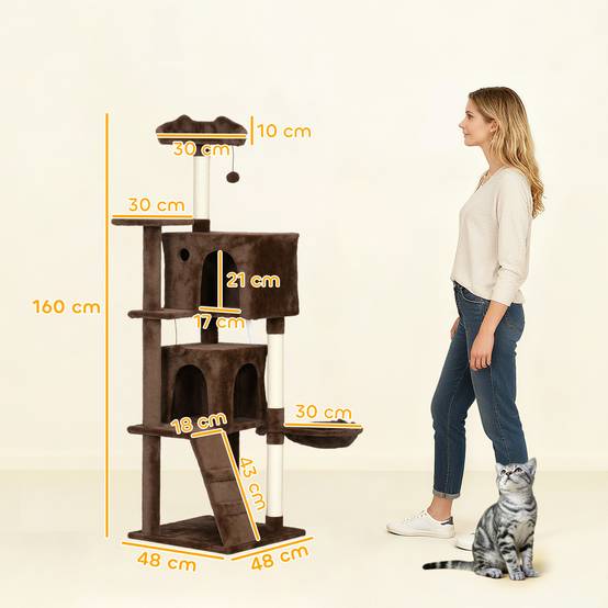 Arbre à chat à griffer 160 cm avec plateformes, lit, 2 niches, hamac, échelle, poteaux en sisal marron - Image 5