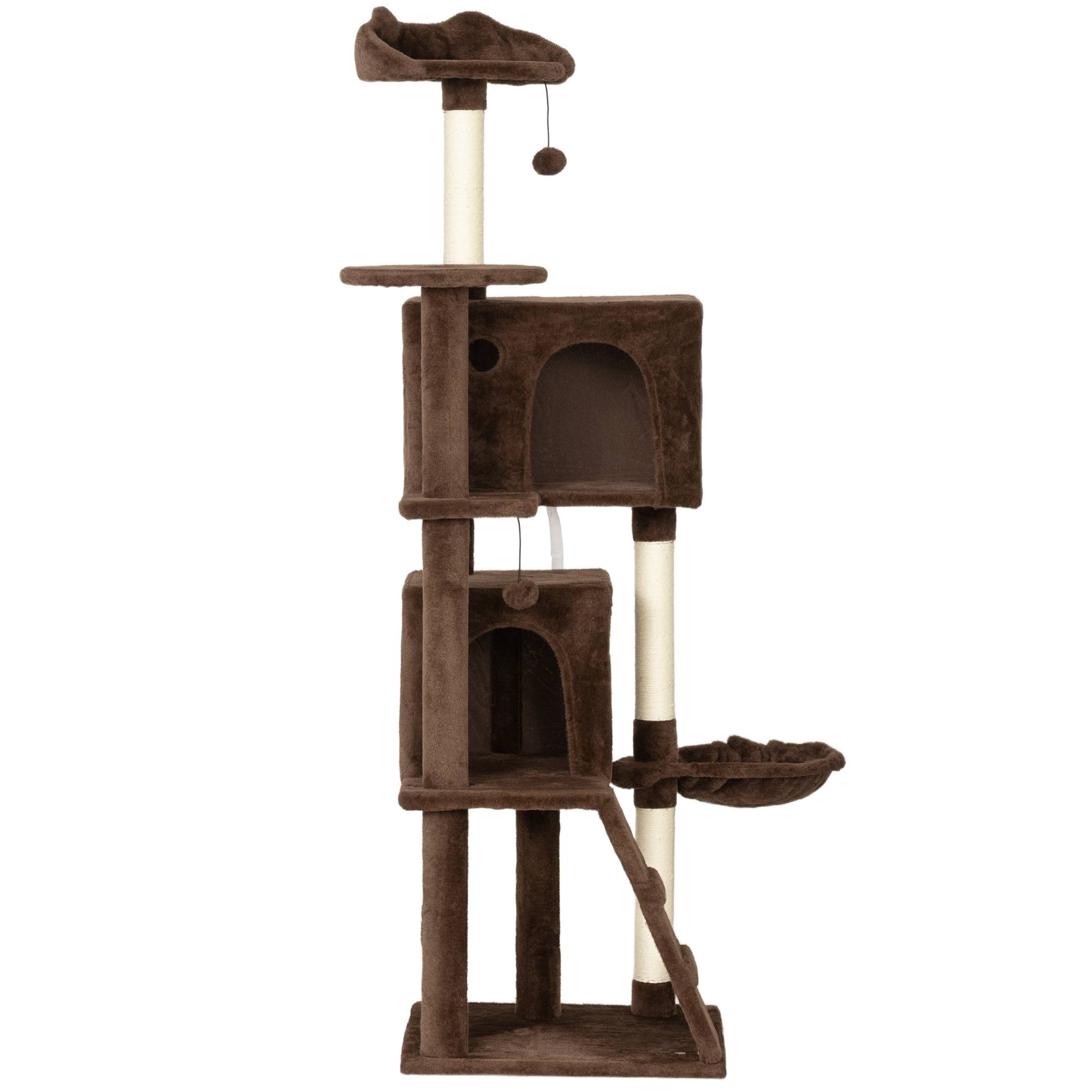 Arbre à chat à griffer 160 cm avec plateformes, lit, 2 niches, hamac, échelle, poteaux en sisal marron - Image 2