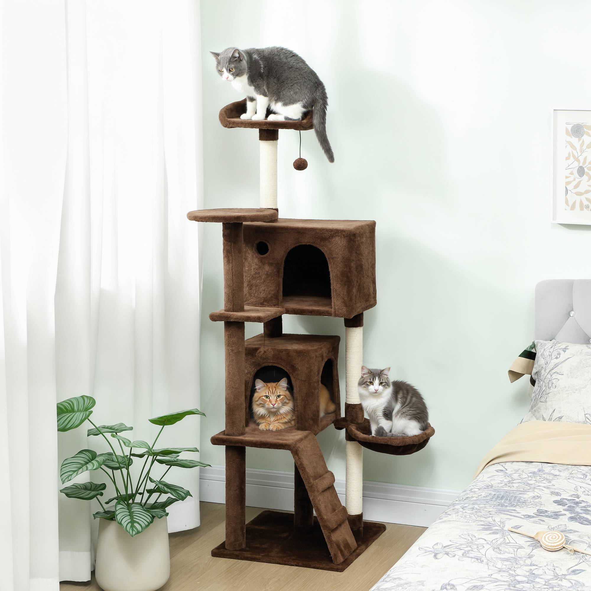 Arbre à chat à griffer 160 cm avec plateformes, lit, 2 niches, hamac, échelle, poteaux en sisal marron - Image 3