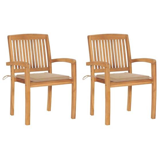 Duo de Fauteuils Empilables en Bois de Teck avec Coussins d'Assise pour Balcon Beige – ComfortXL Outdoor Living - Image 1