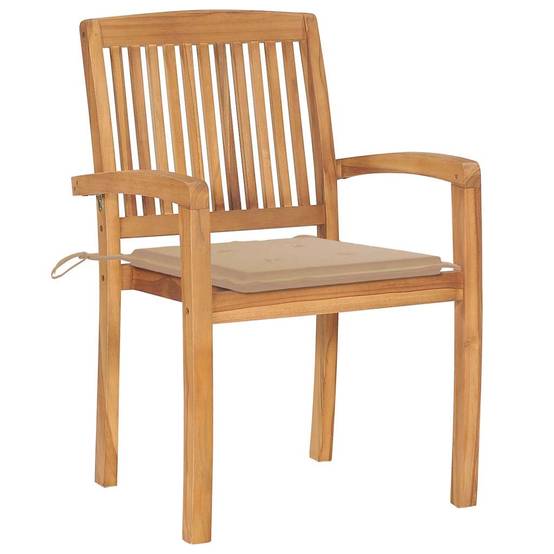 Duo de Fauteuils Empilables en Bois de Teck avec Coussins d'Assise pour Balcon Beige – ComfortXL Outdoor Living - Image 2