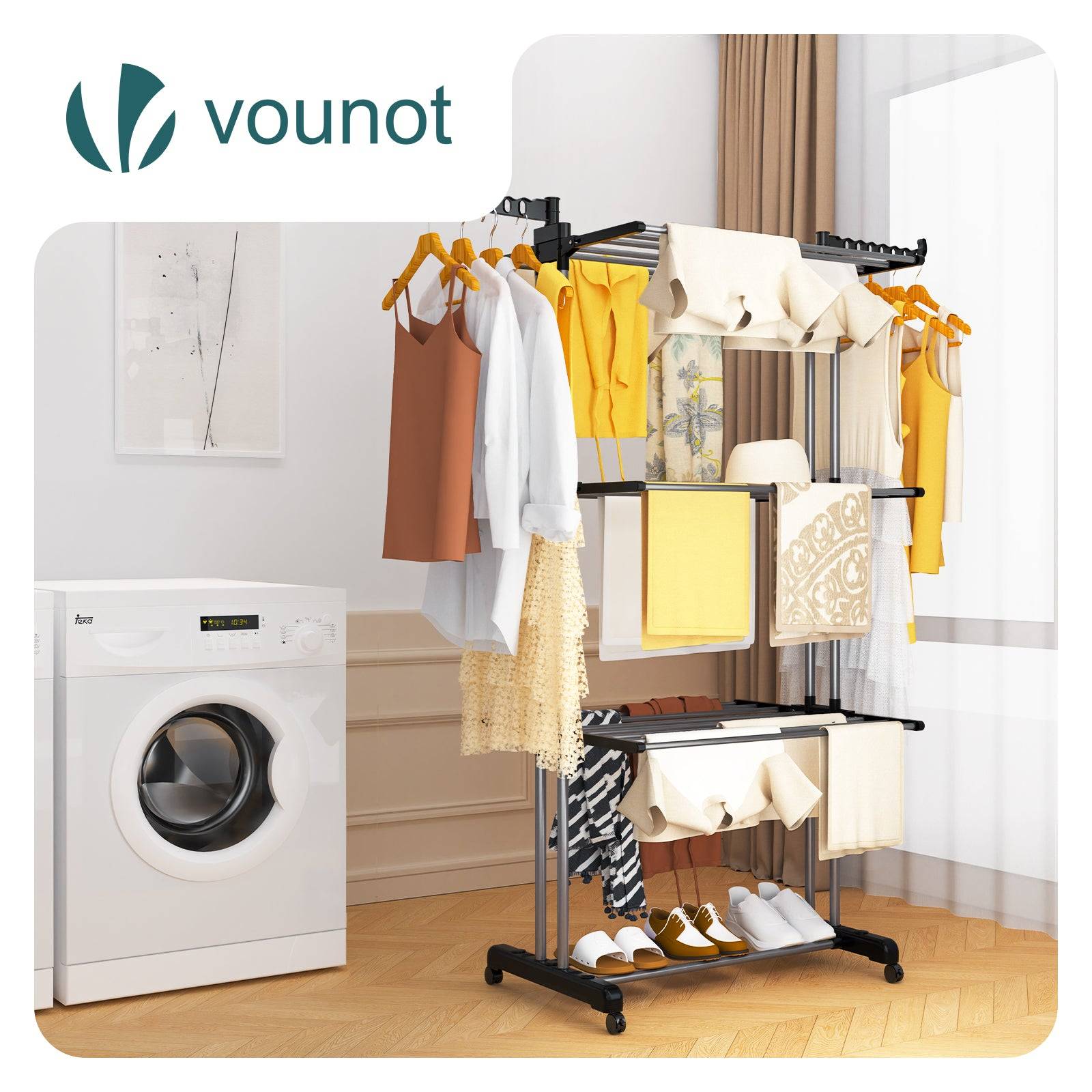 Vounot - Étendoir à linge pliable 126x63x170cm, Séchoir 4 niveaux grande capacité avec roulettes, Noir gris, VOUNOT® - Image 2