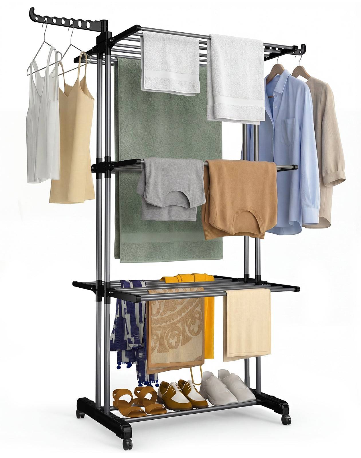 Vounot - Étendoir à linge pliable 126x63x170cm, Séchoir 4 niveaux grande capacité avec roulettes, Noir gris, VOUNOT® - Image 1