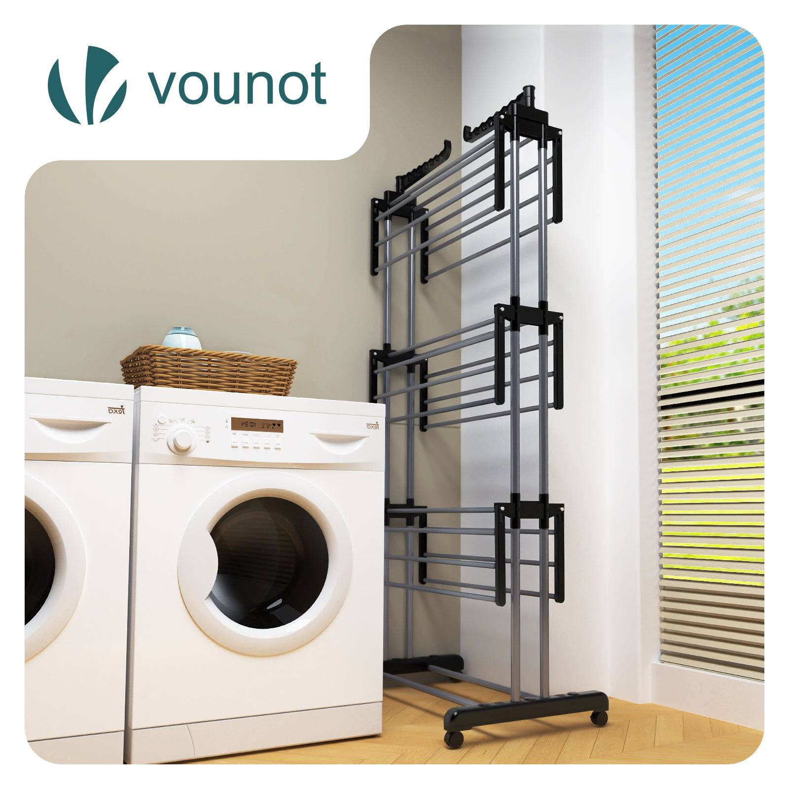 Vounot - Étendoir à linge pliable 126x63x170cm, Séchoir 4 niveaux grande capacité avec roulettes, Noir gris, VOUNOT® - Image 6