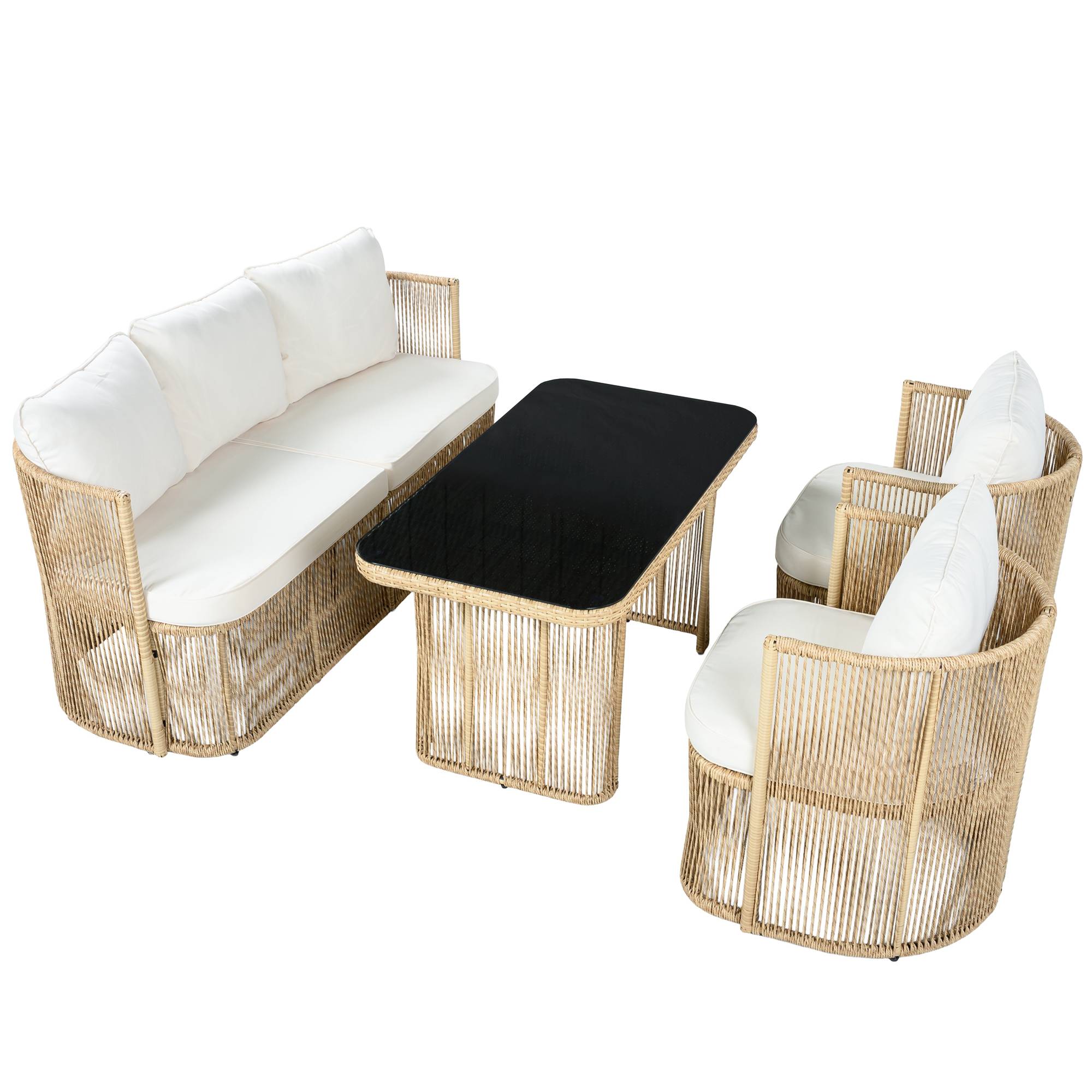 ComfortXL - Salon de jardin 5 places résine tressée terrasse extérieur table verre beige noir - ComfortXL Outdoor Living - Image 2