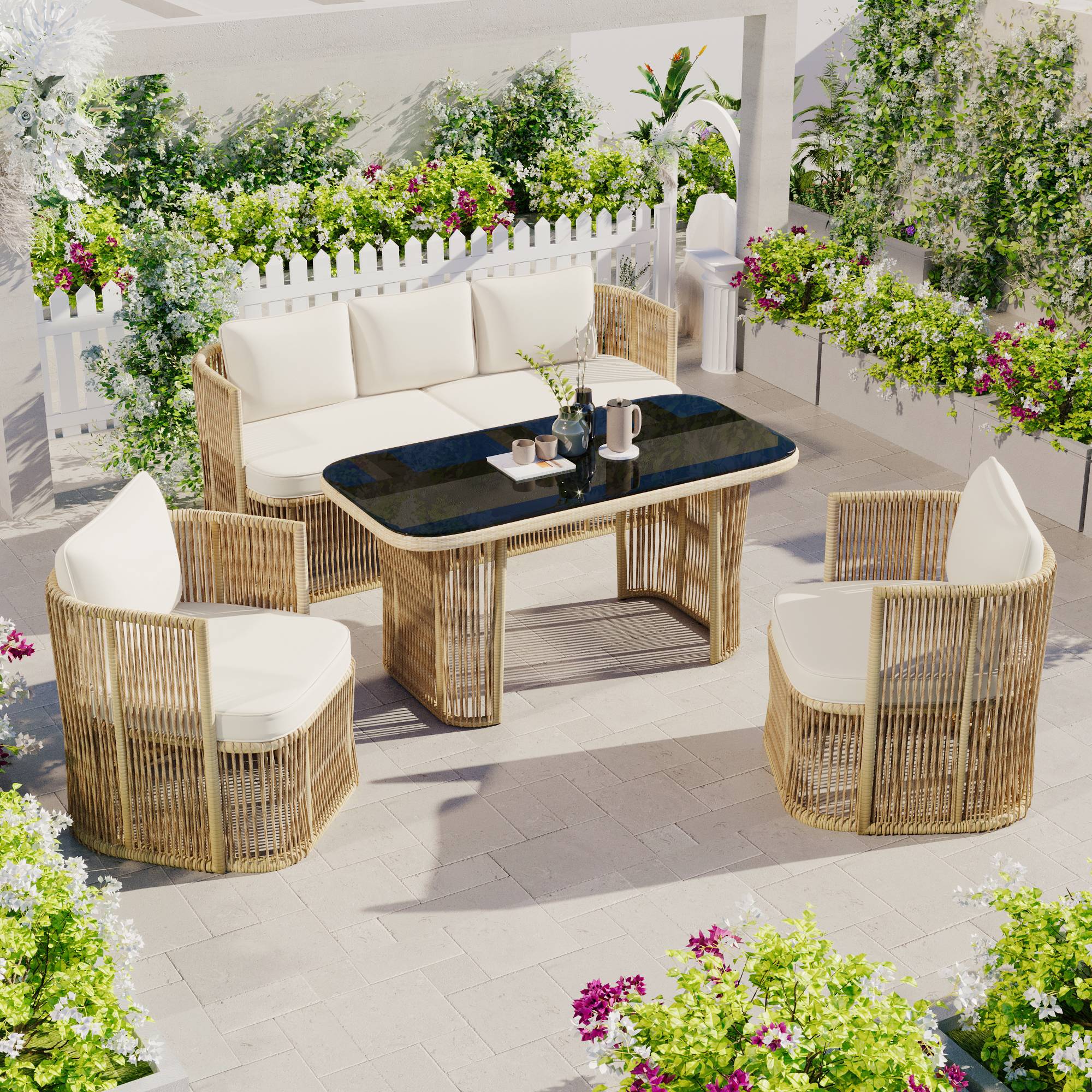 ComfortXL - Salon de jardin 5 places résine tressée terrasse extérieur table verre beige noir - ComfortXL Outdoor Living - Image 10