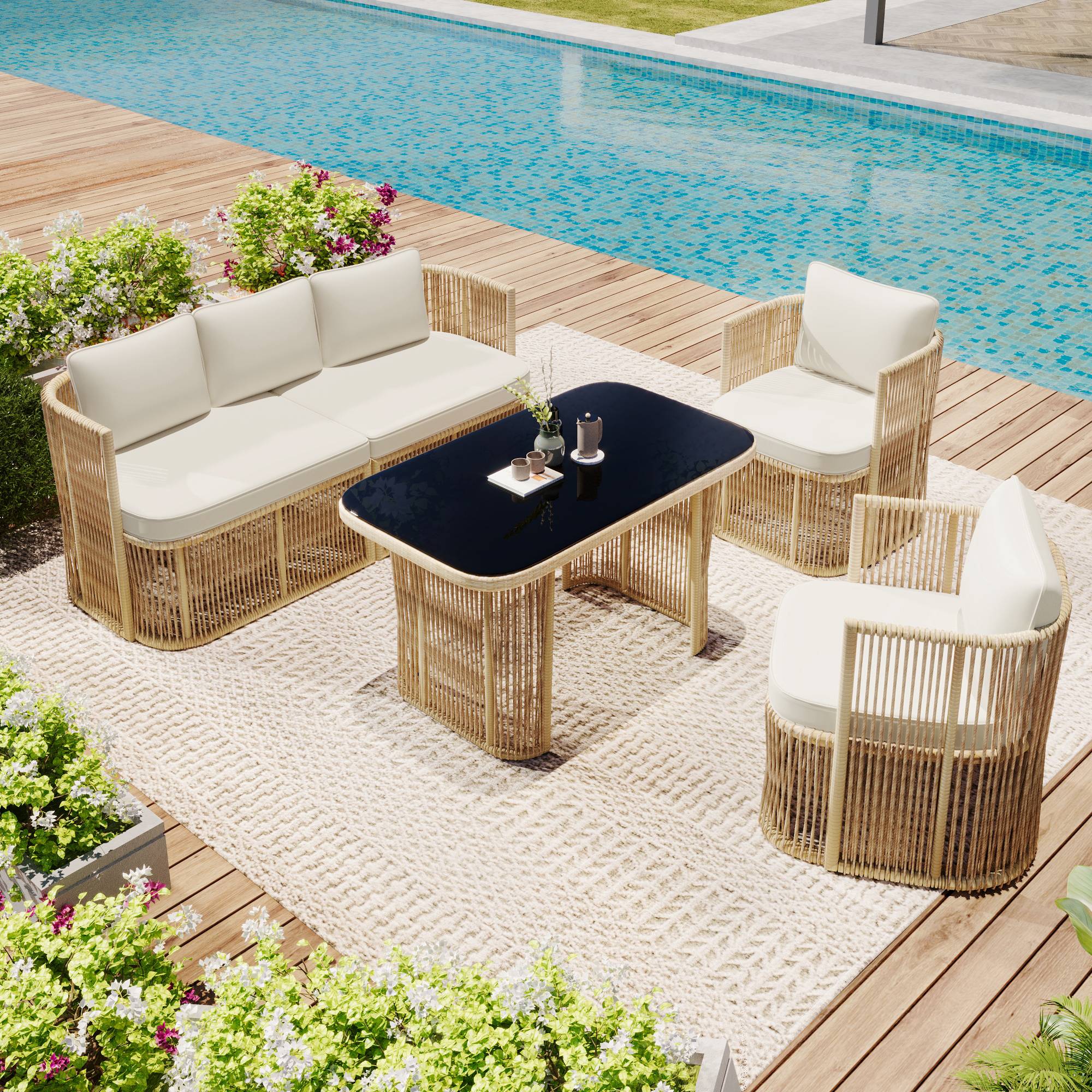 ComfortXL - Salon de jardin 5 places résine tressée terrasse extérieur table verre beige noir - ComfortXL Outdoor Living - Image 1