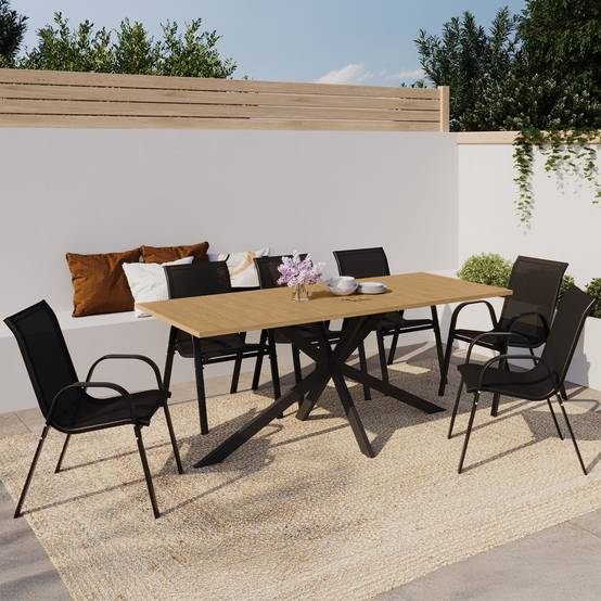 Salon de jardin MESSINA table 190 cm pied araignée plateau métal effet bois et 8 chaises empilables noires - Image 1