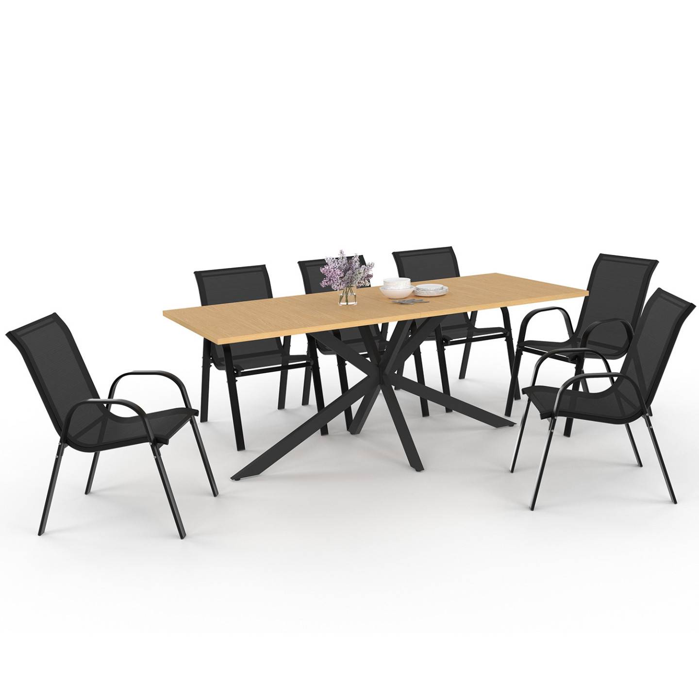 Salon de jardin MESSINA table 190 cm pied araignée plateau métal effet bois et 8 chaises empilables noires - Image 2