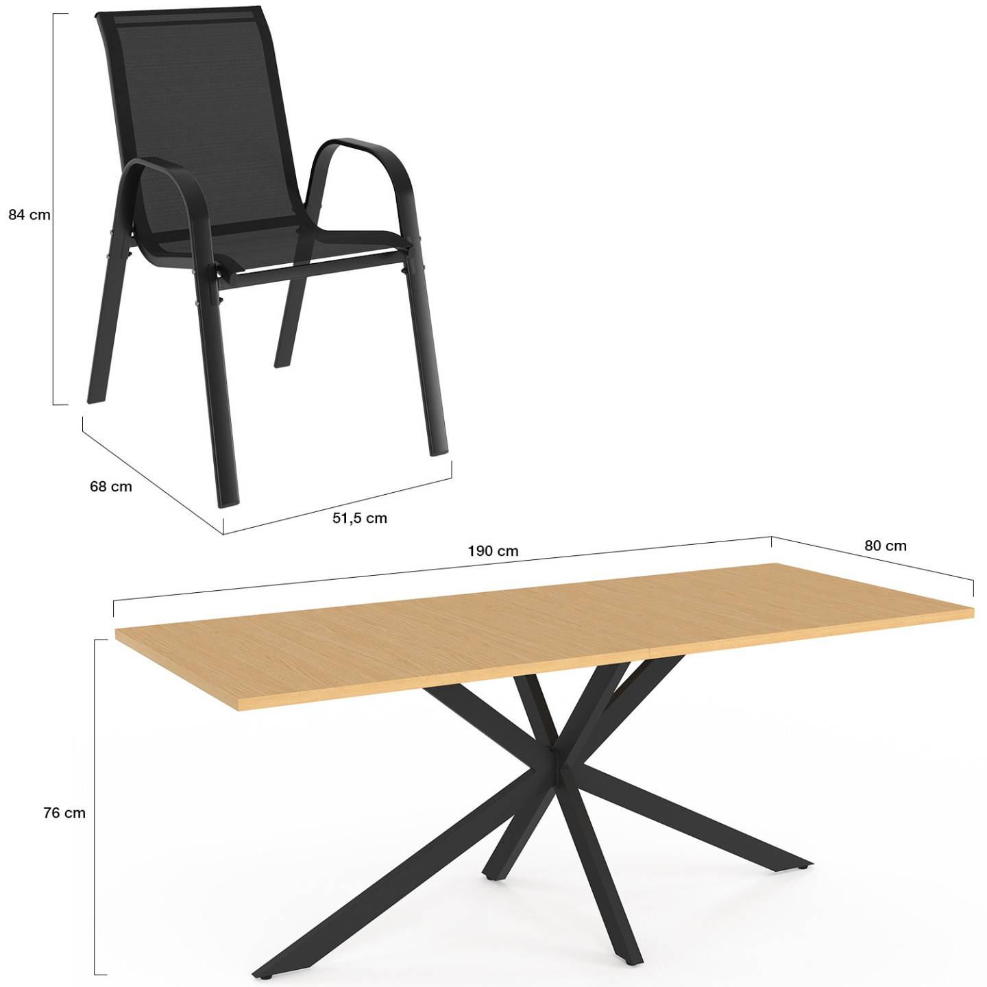 Salon de jardin MESSINA table 190 cm pied araignée plateau métal effet bois et 8 chaises empilables noires - Image 5