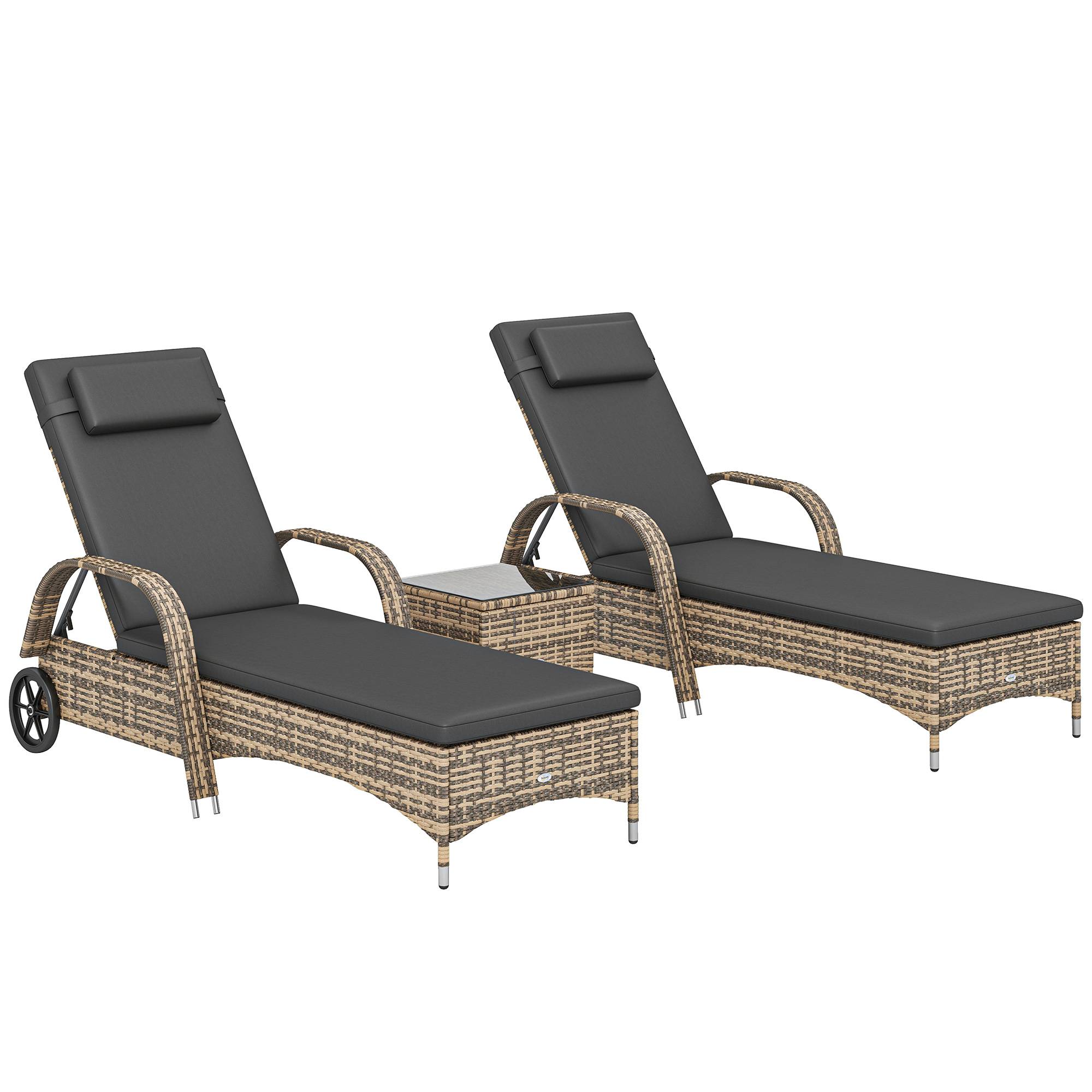 Lot de 2 transats bains de soleil : matelas, têtière, inclinaison réglable roulettes + table basse verre trempé gris foncé
